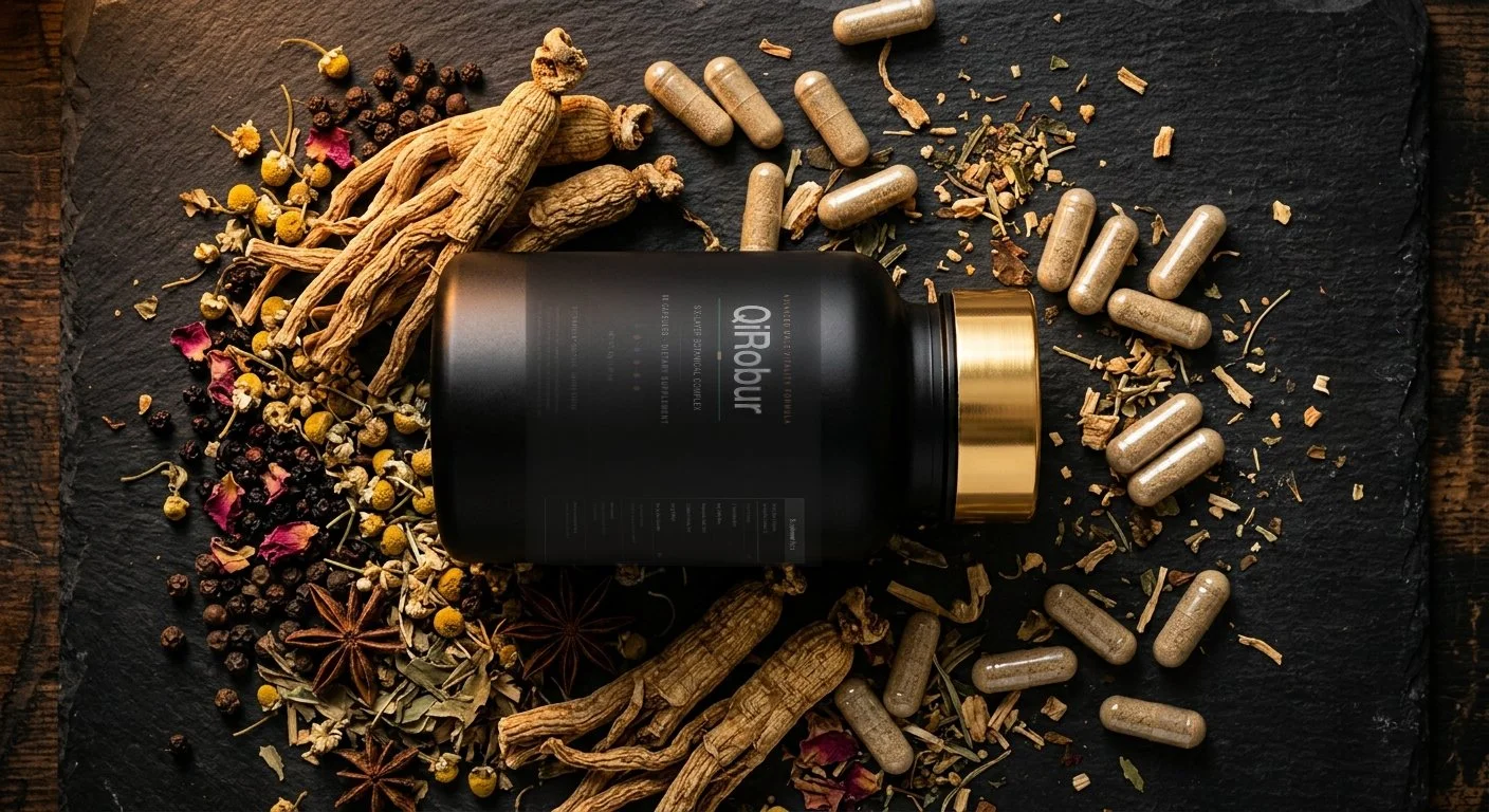QiRobur bottle with botanical ingredients and capsules